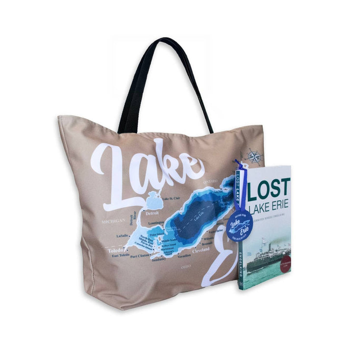 Beach Bag & Beach Read Bundle + Ornament - 'Lost Lake Erie' Book & Lake Erie Map Tote