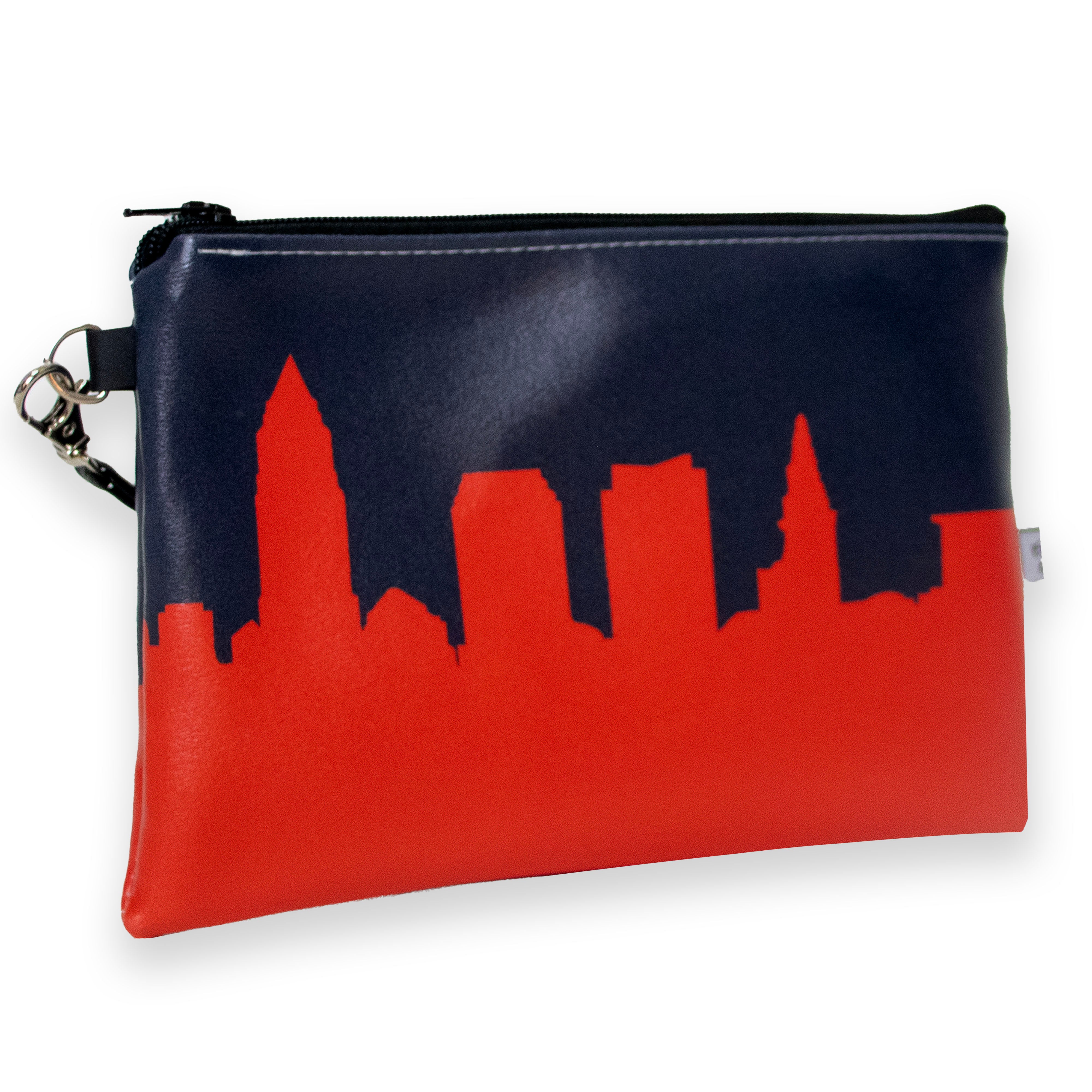 Pouch with city skyline design on a white background