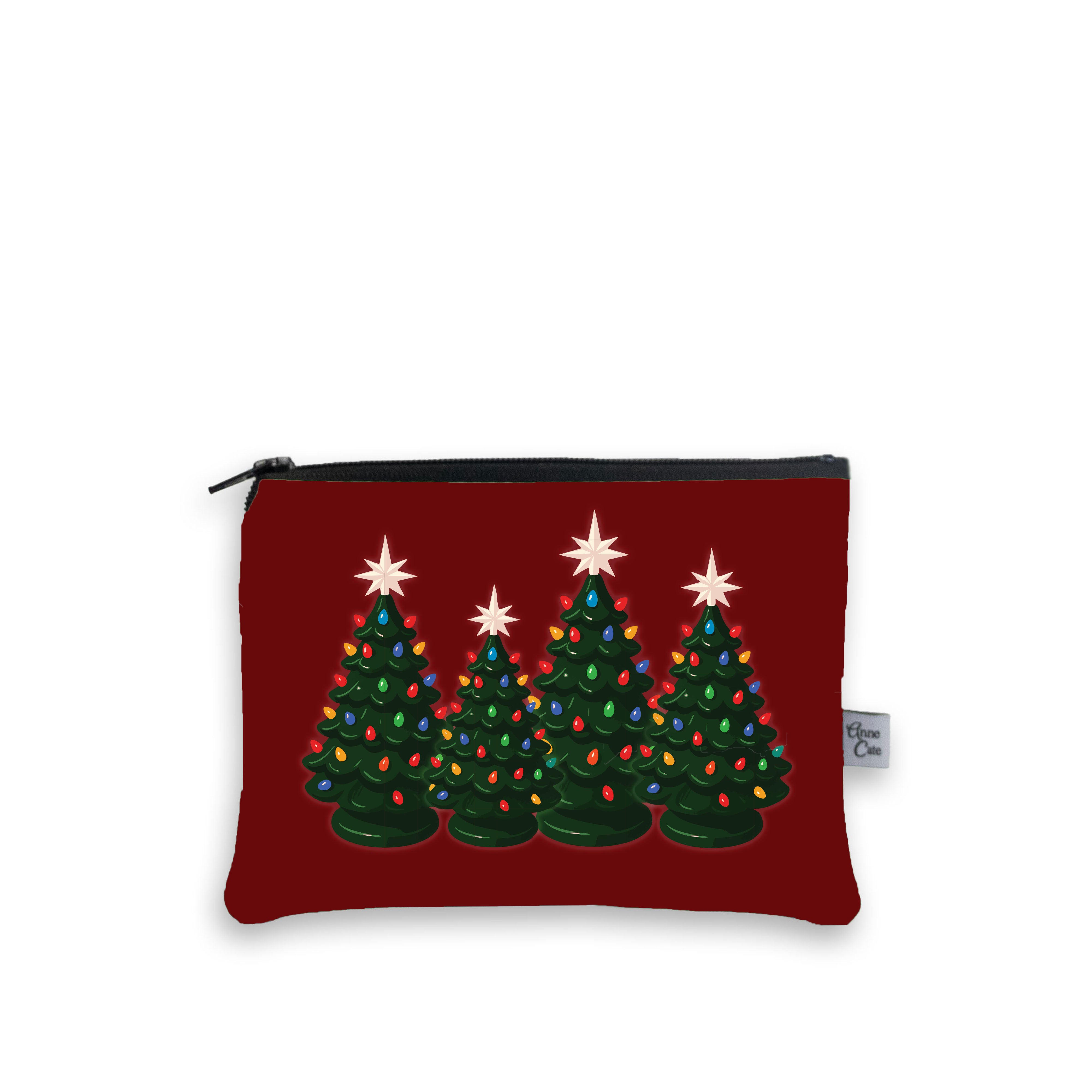 Pouch with Christmas tree design on a red background