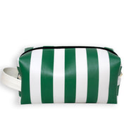 Green and white striped toiletry bag on a white background