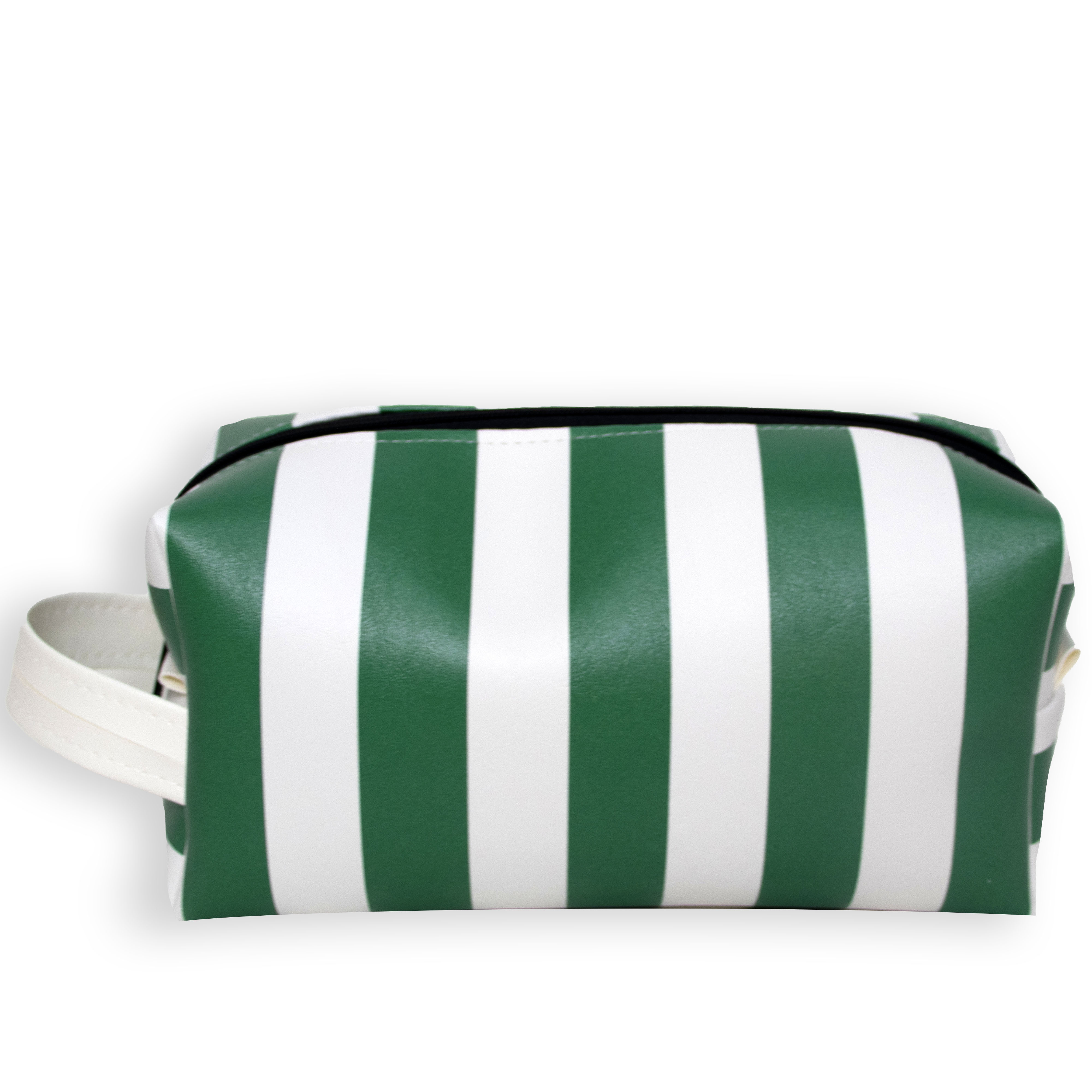 Green and white striped toiletry bag on a white background