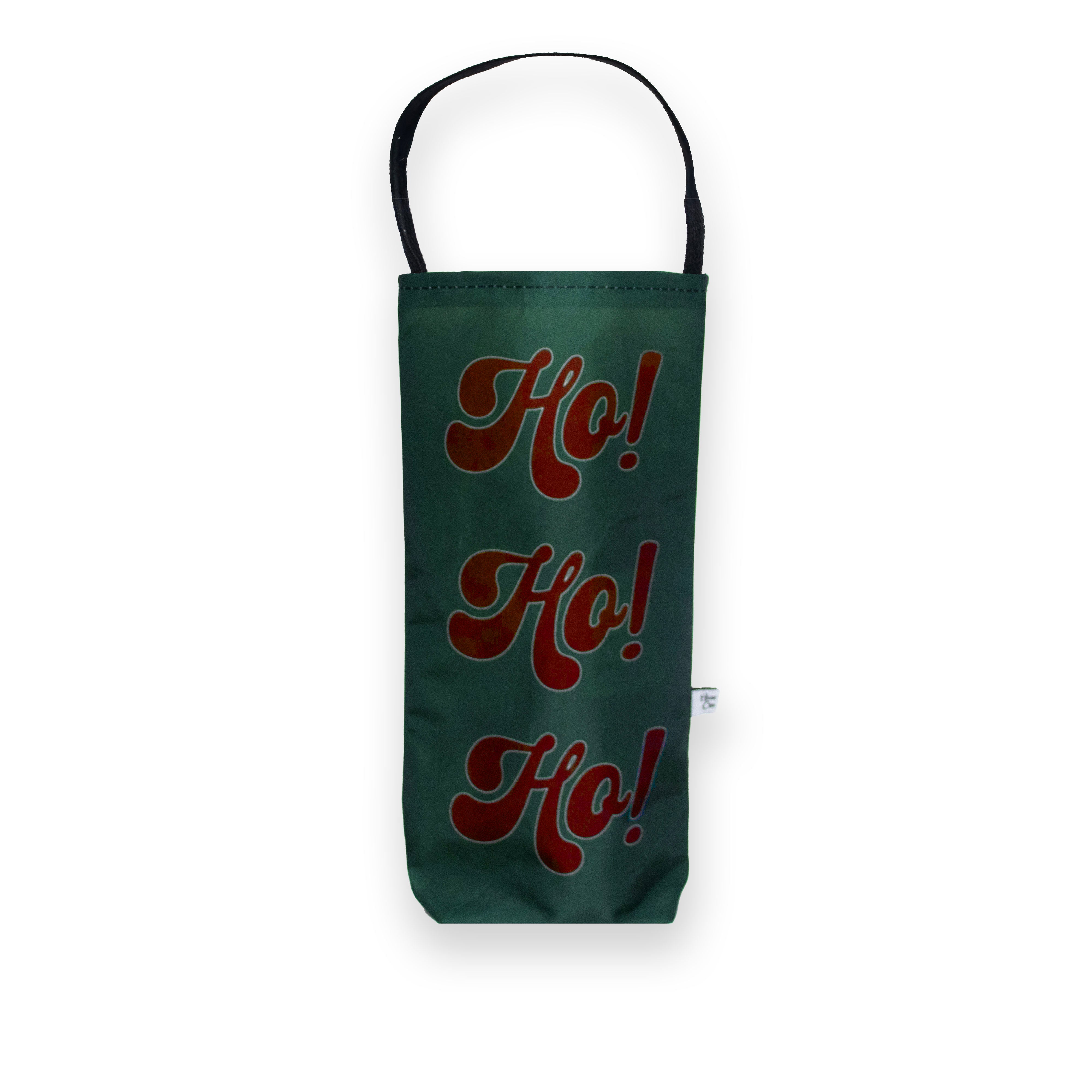 Green bag with 'Ho! Ho! Ho!' text on a white background