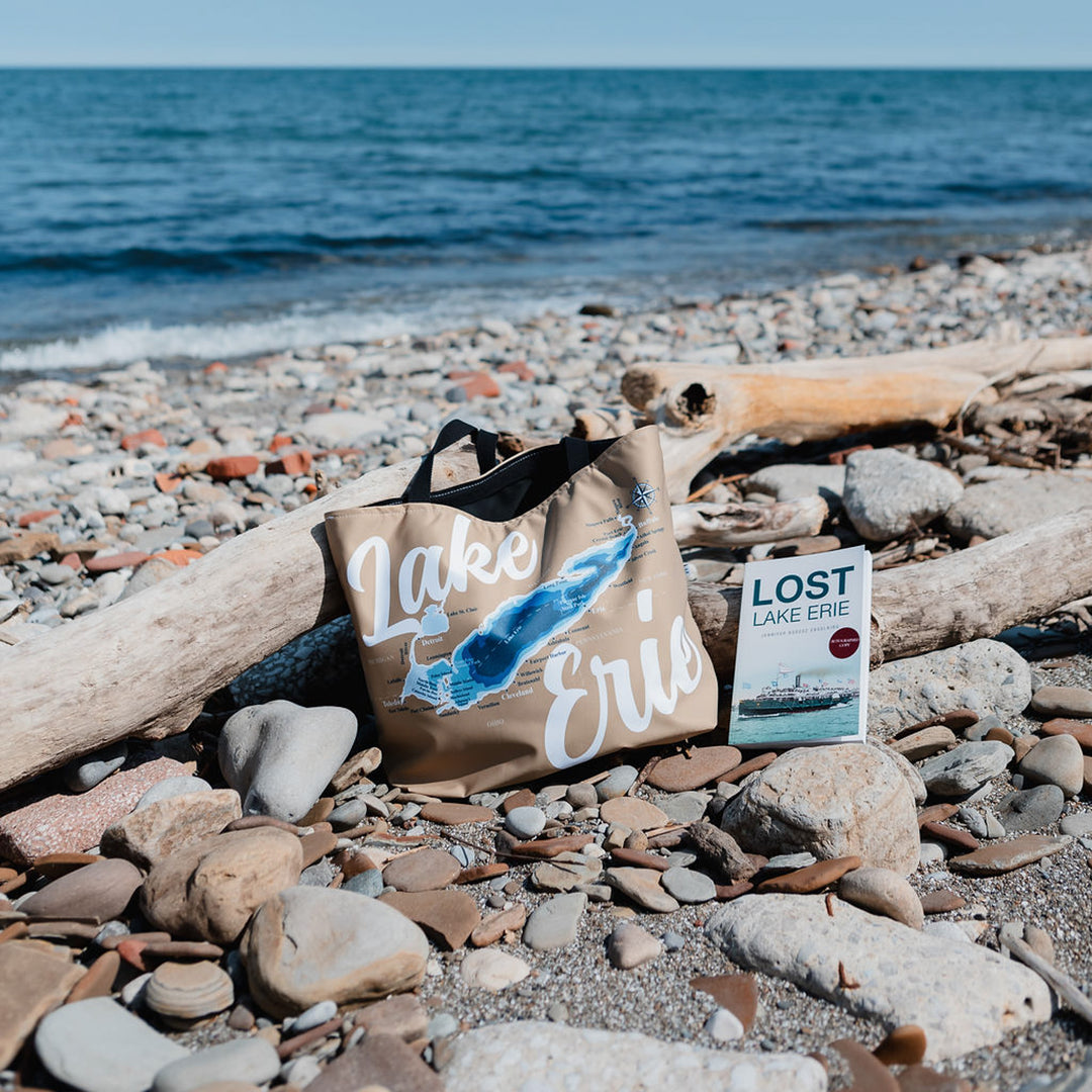 Beach Bag & Beach Read Bundle - 'Lost Lake Erie" Book & Lake Erie Map Tote
