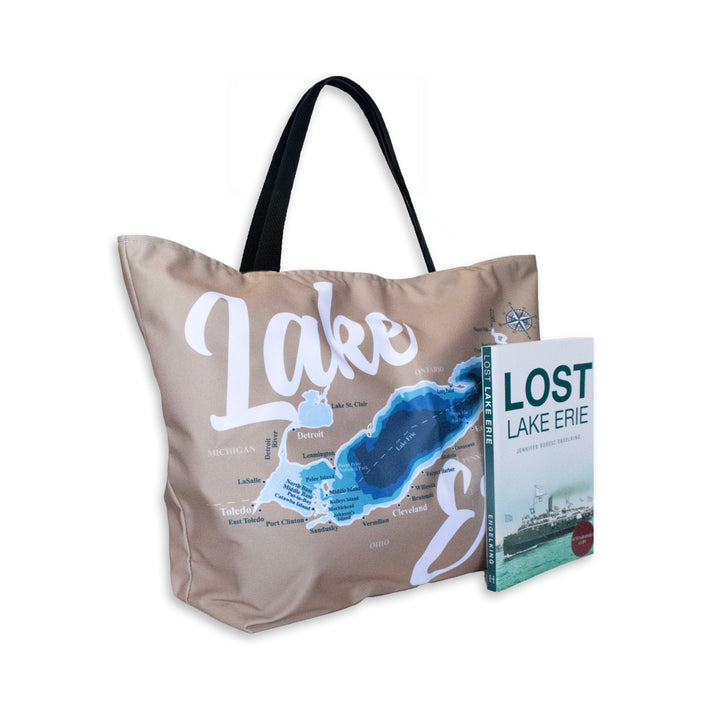 Beach Bag & Beach Read Bundle - 'Lost Lake Erie" Book & Lake Erie Map Tote