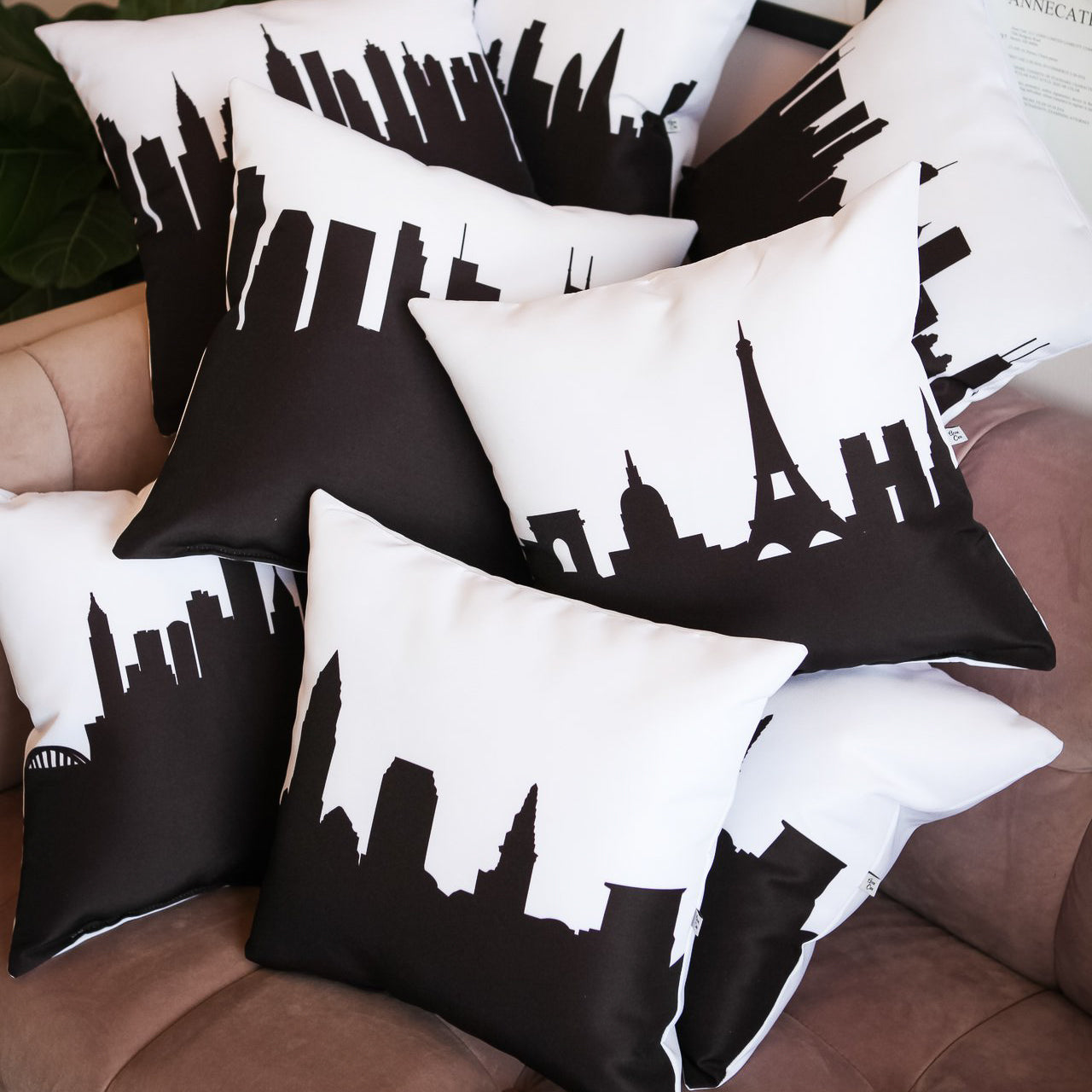 City Skyline Silhouette Throw Pillow - Anne Cate - Home Decor of your Favorite City. Black and White Skyline Throw Pillow