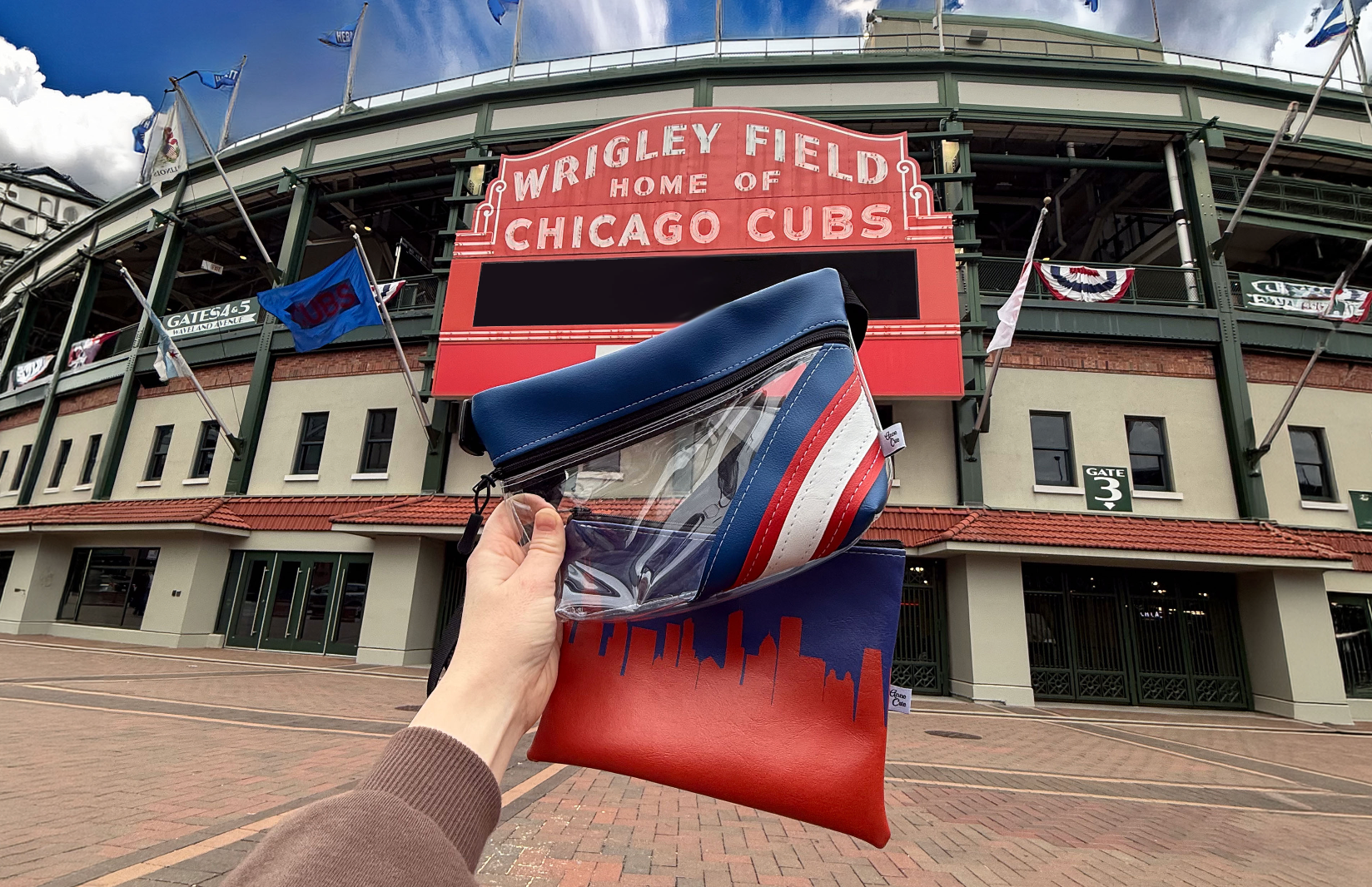 Person holding a Chicago Cubs purse in front of Wrigley Field