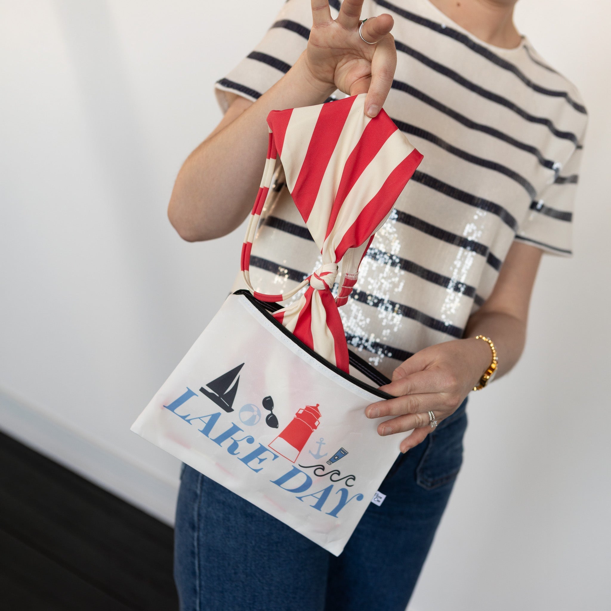 Light Blue Nautical Stripe Sailcloth Splash-Proof Pouch Wet Bag - Anne Cate